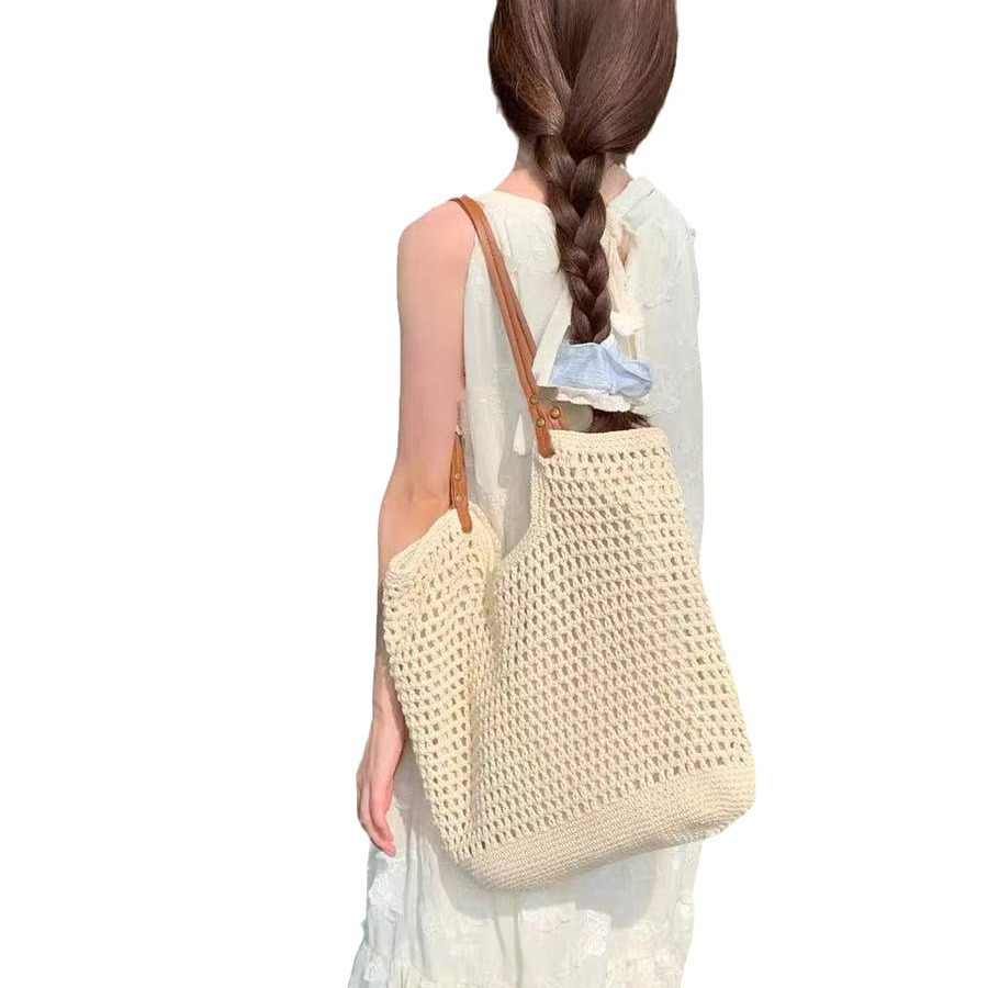 National trend hollowed-out woven bag, super beautiful photo-taking beach bag, seaside vacation single-shoulder bag, large capacity travel bag, versatile knitted bag Item Picture