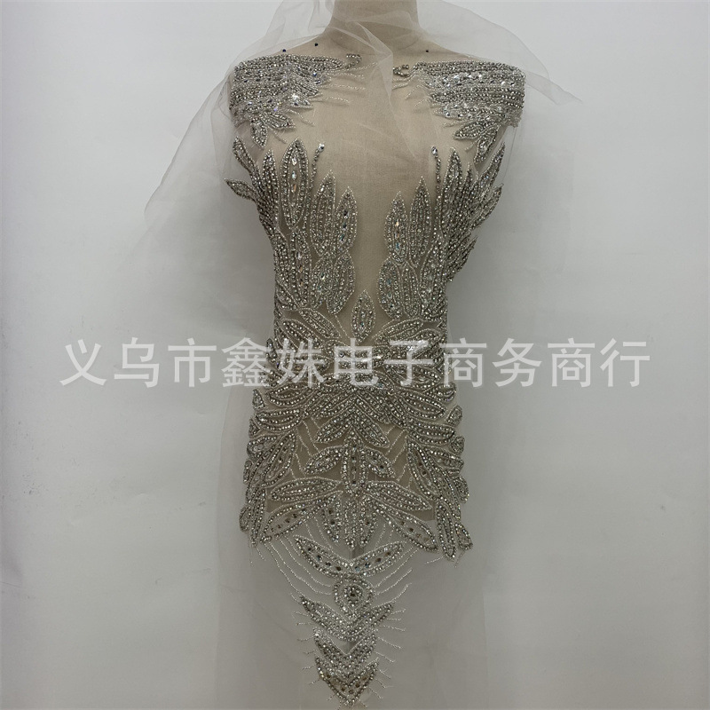 Heavy hand-stitched beaded wedding dress and formal wear mesh applique Item Picture