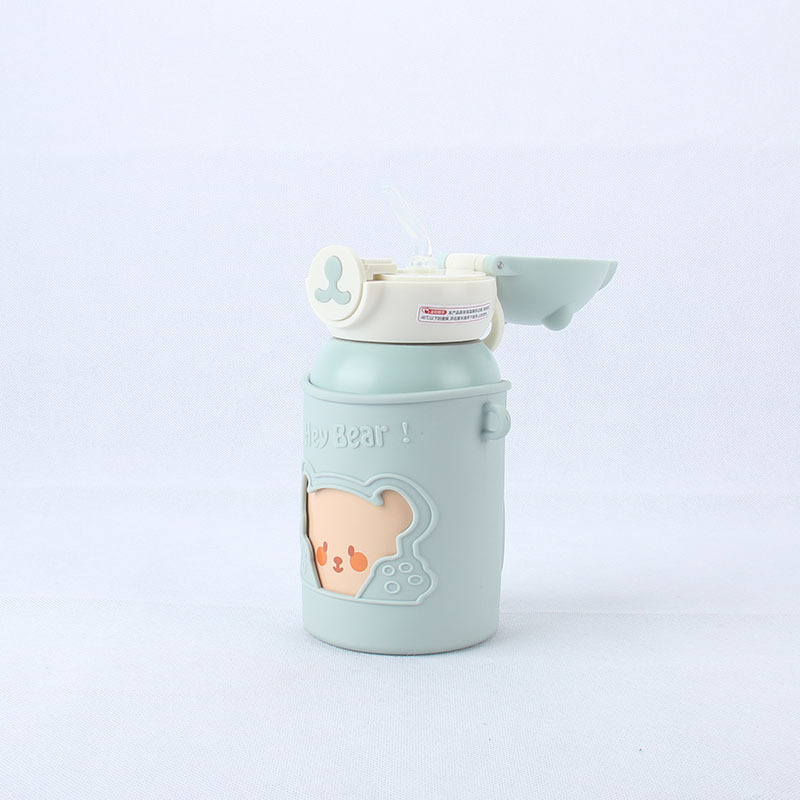 Bear Version Head Cute Student Boys And Girls Strap Children Pot Straw Silicone Sleeve Stainless Steel Insulated Water Cup Small Fresh 1 details Picture