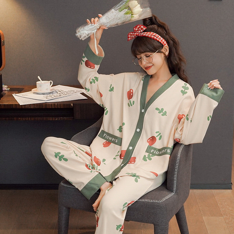 Japanese kimono casual pajamas for women, autumn cotton loose V-neck two-piece set, can be worn outside as a women's home wear set details Picture
