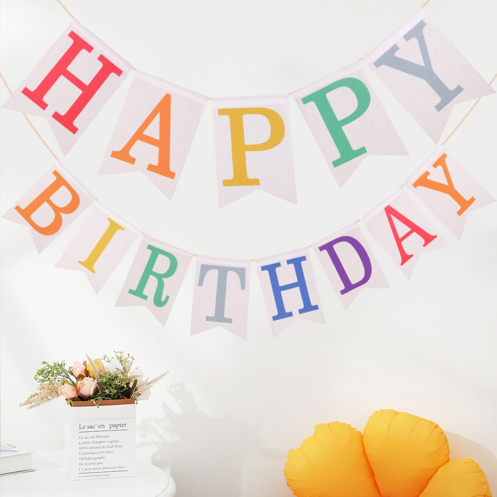 "HAPPY BIRTHDAY" faux linen decorative flag, birthday celebration banner, retro swallowtail banner and flower design