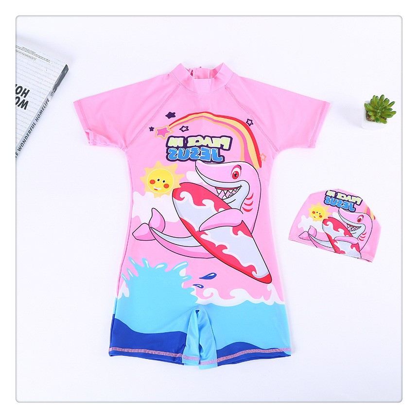 Summer children's short-sleeved sun protection cartoon swimming suits for boys and girls, water park, beach and hot spring swimming sets details Picture