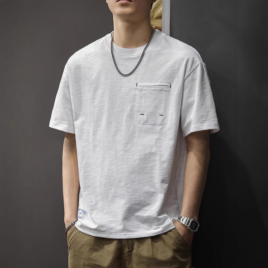 重磅竹节纯棉男士短袖T恤夏季新款美式休闲宽松百搭口袋半袖上衣