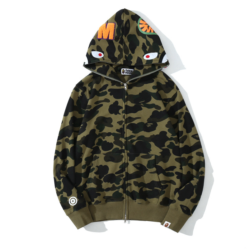 Cross-Border Wholesale Bape Shark Head Classic Camouflage Hooded Cardigan Zipper Hair Circle Men And Women's Fashion Hoodie Coat Specification drawing