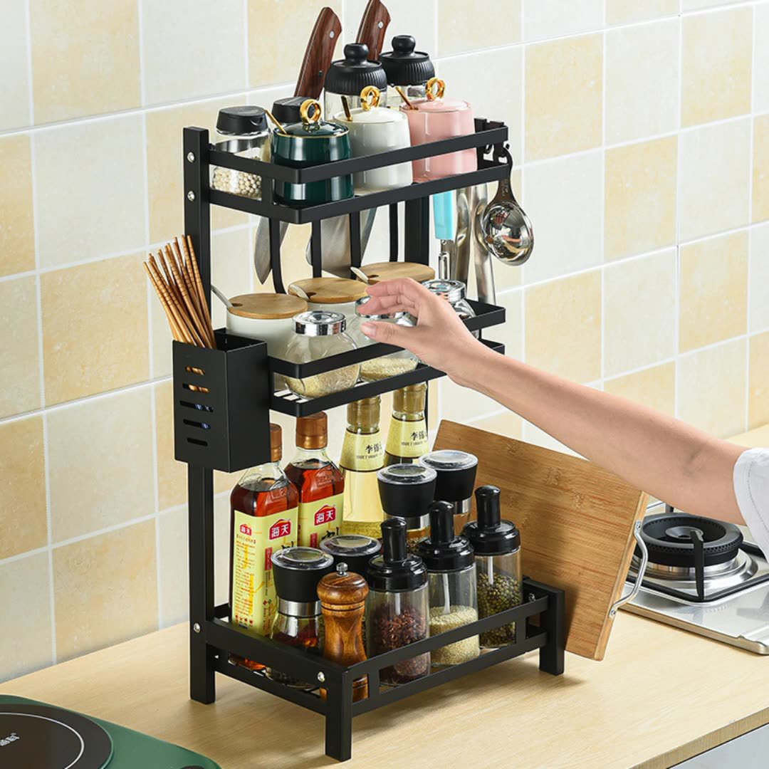 Black carbon steel shelves in the kitchen details Picture