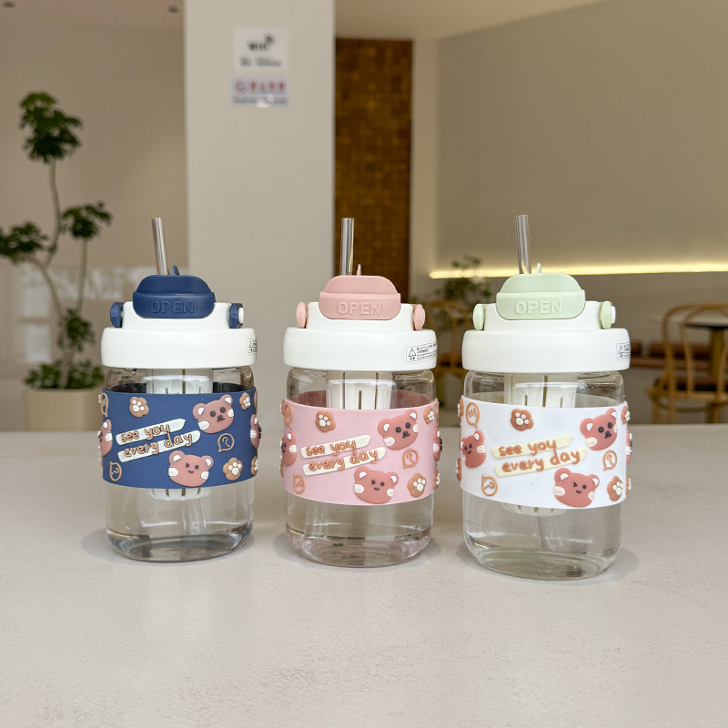百利友玻璃杯夏季花茶杯卡通防烫学生吸管水杯高硼硅耐高温杯子图