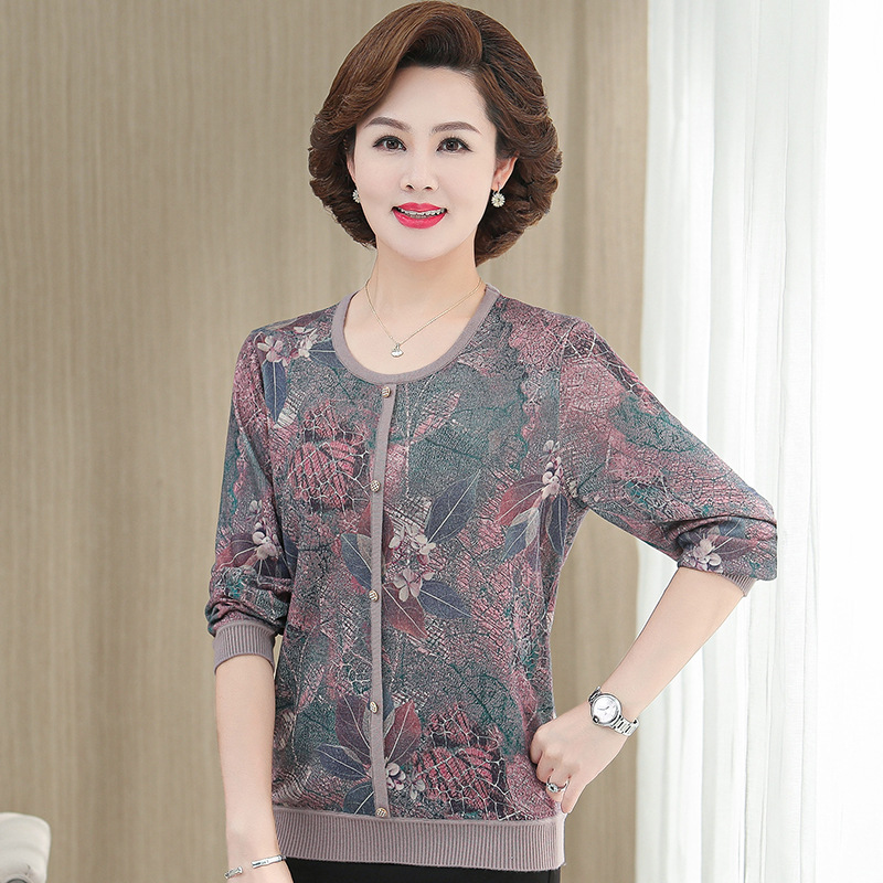 Mother Autumn Dress Foreign Style Top 2021 New Middle-Aged And Elderly Women's Crew-Neck Knitted Bottom Shirt Women Long Sleeve T-Shirt