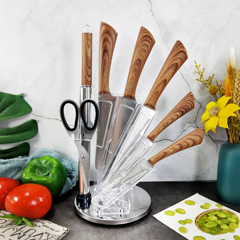 Factory New Rotating Seat Covered Horseshoe Handle 8-Piece Kitchen Knife Tool Set Chef's Knife Multipurpose Knife Peel Knife Application Scenario