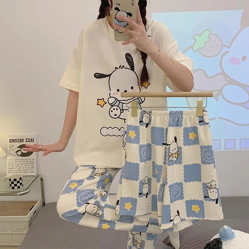 Pajama Woman Summer New Short Sleeve Cartoon Cute Pacha Dog Student Shorts Long Pants Home Wear Three Sets Application Scenario