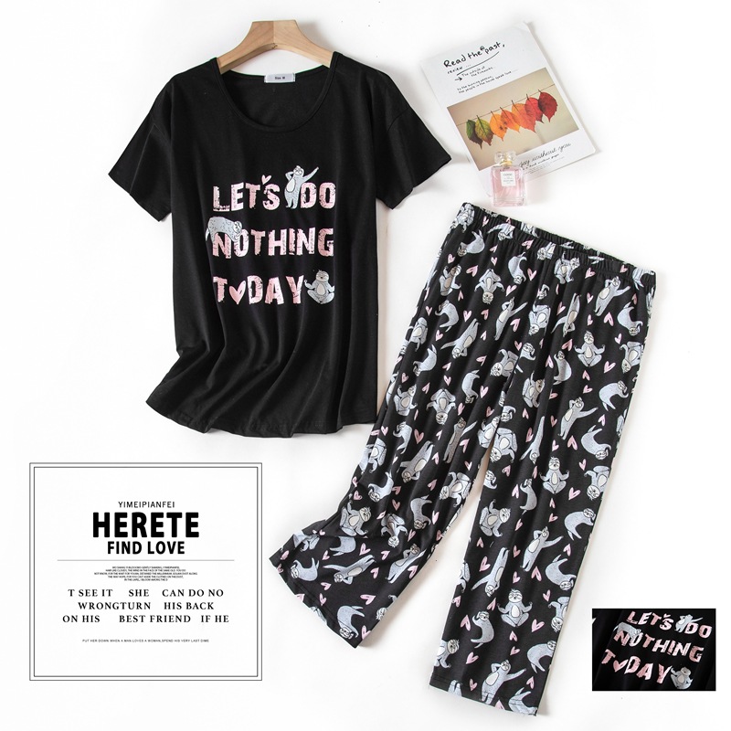 Cross-border pajamas spring and summer short-sleeved capri pants cartoon cute large-sized cotton women's pajamas set home wear wholesale Application Scenario