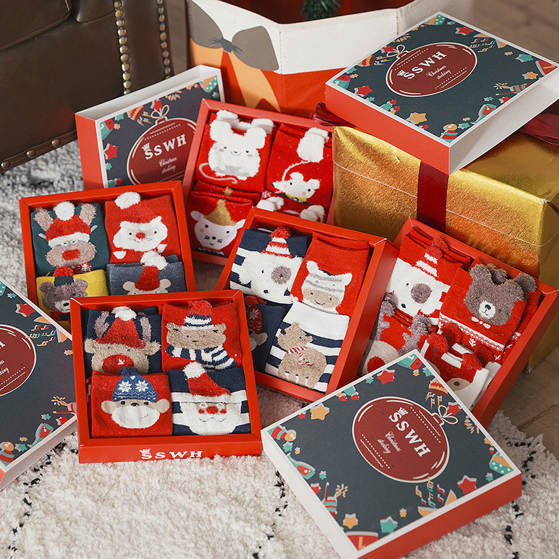 礼盒圣诞袜跨境 秋冬款中筒袜子女 圣诞袜盒装可爱卡通红色礼盒袜详情图2