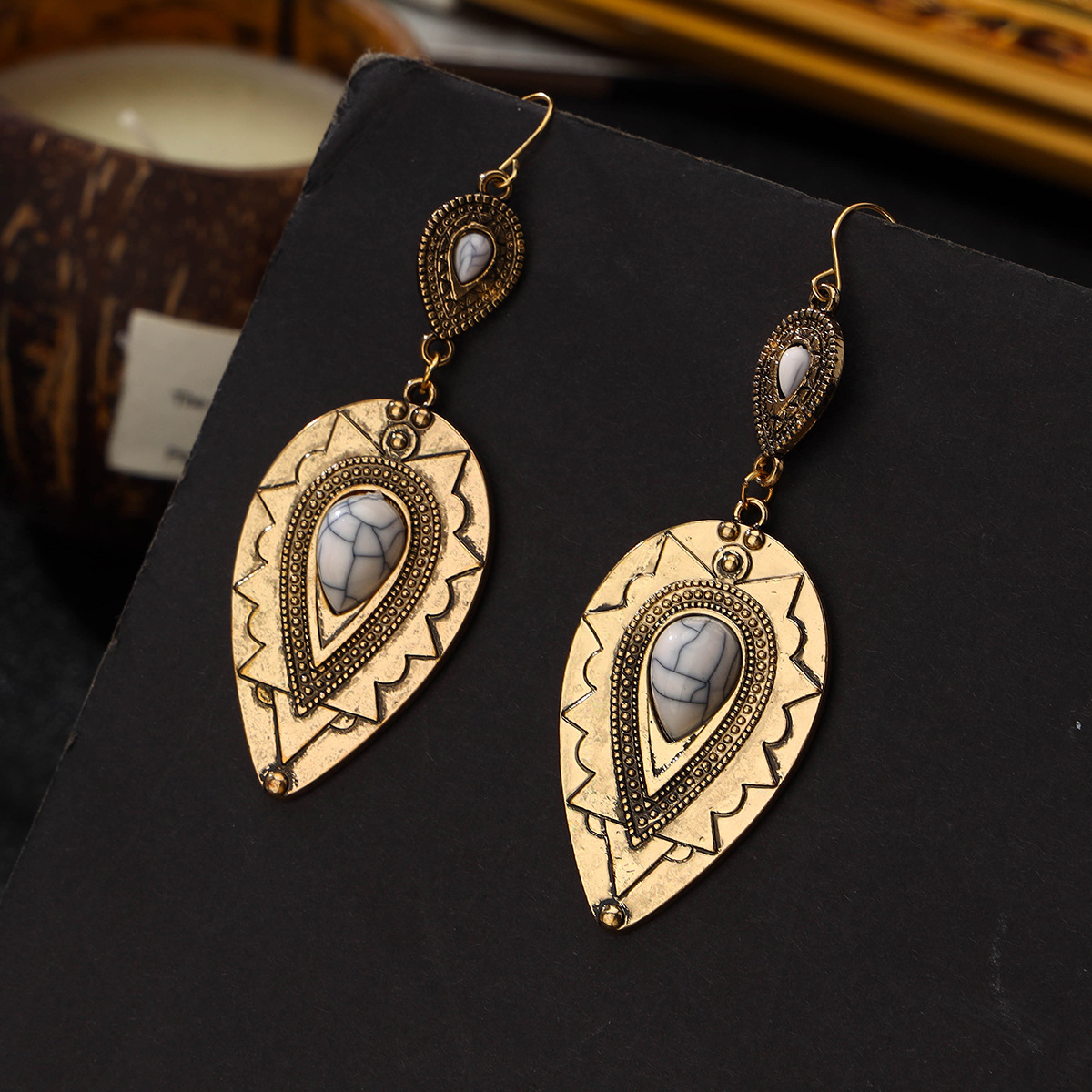 2024 New Europe And The United States Personality Retro Earrings Fashion Design Water Drop Earrings Carved Embedded White Beads Earrings Manufacturers details Picture