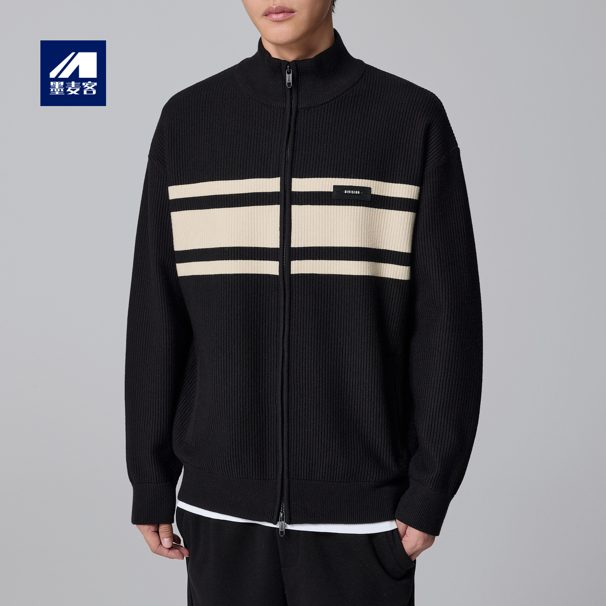 Momeck men's striped color-blocking knitted jacket for winter 2024, new stand-up collar sweater men's coat 21896