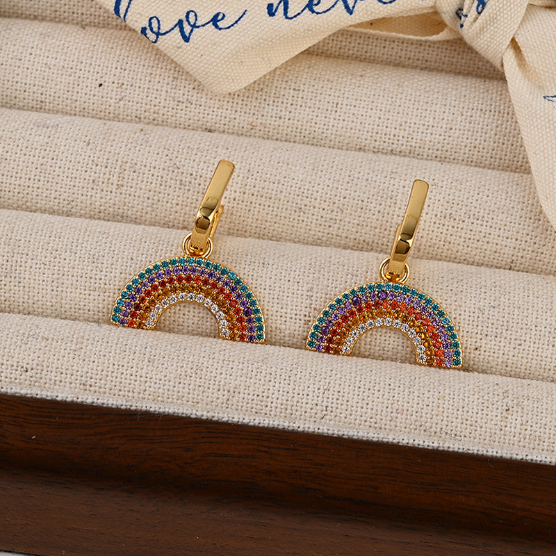 New fashionable micro-inlaid rainbow-shaped zircon brass 18K real gold electroplated earring buckles in the European and American ins style