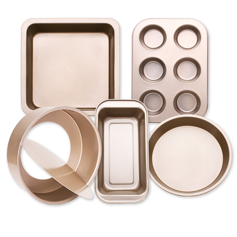 Baking Kit Gold 5-Piece Set Non-Stick Carbon Steel Freestanding Base Cake Toast Box Pizza Pan 6 Cups