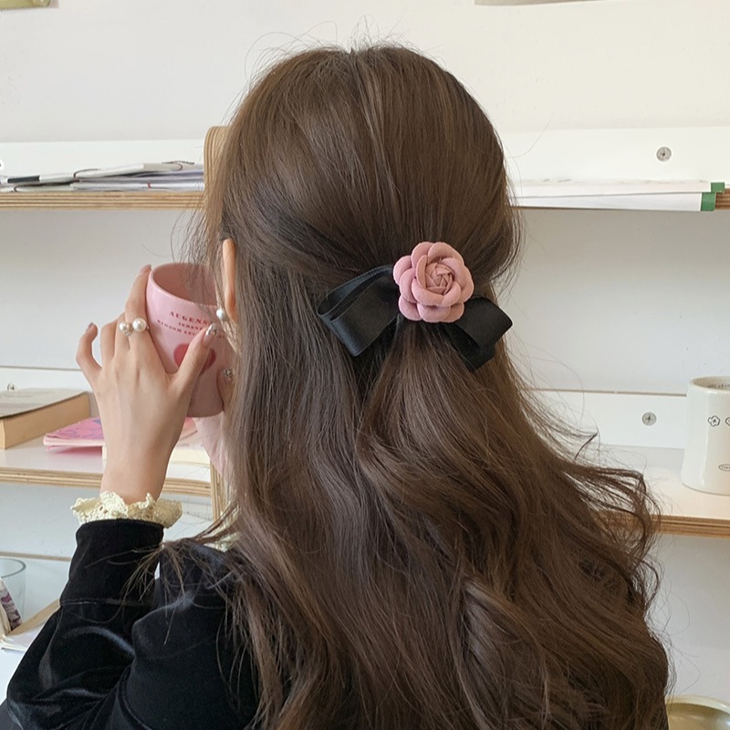 秋冬新款甜美温柔山茶花朵蝴蝶结发夹小香风后脑勺顶夹发饰女