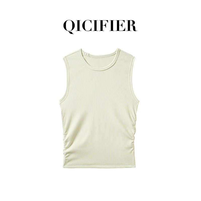 Qcfe Pleated Sports Fitness Short Sleeve Top Thread Tight Thin Breathable Nude Fabric Yoga Vest Women Specification drawing