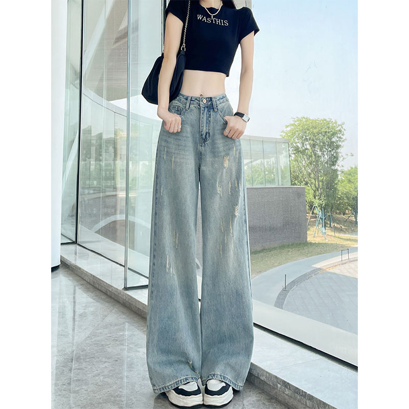 Large-sized retro washed and polished white jeans for women, new Spring and autumn style, high-waisted and plump girls, loose and slimming wide-leg floor-length pants Specification image