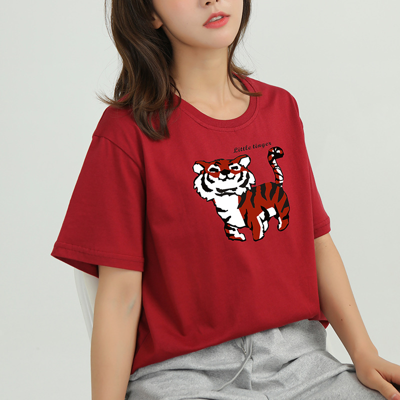 2022 Summer Tiger Year New Korean-style loose round-neck pullover short-sleeved pure cotton T-shirt, Hong Kong-style casual women's top T-shirt