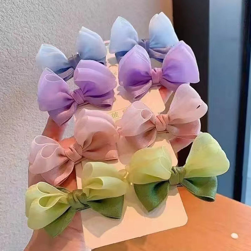 Korean children's fabric bow pair clip for little girls, sweet and cute three-dimensional double-layer texture side clip princess hair accessory details Picture