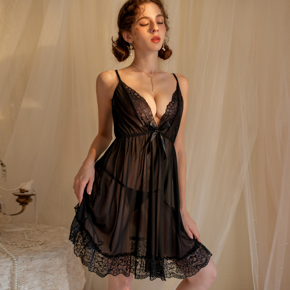 YANNI lingerie, solid color halter dress, sexy nightgown, lace embroidered home pajamas, nightclub temptation details Picture