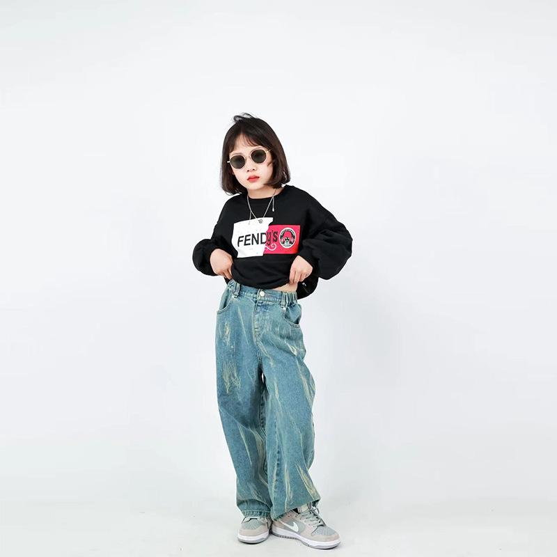 Girls' jeans, children's pants, 2022 Spring and Autumn new children's clothing, Korean style tie-dyed long pants, large and medium-sized children's wide-leg pants Specification image