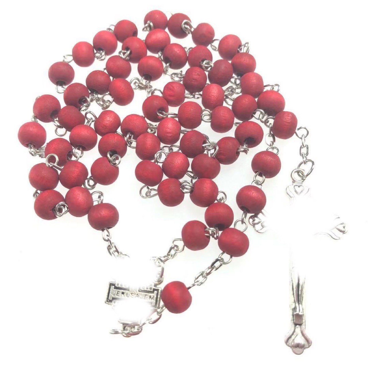6x7mm wooden bead religious necklace, 9-pin, 59 rose-scented rosine cross necklace