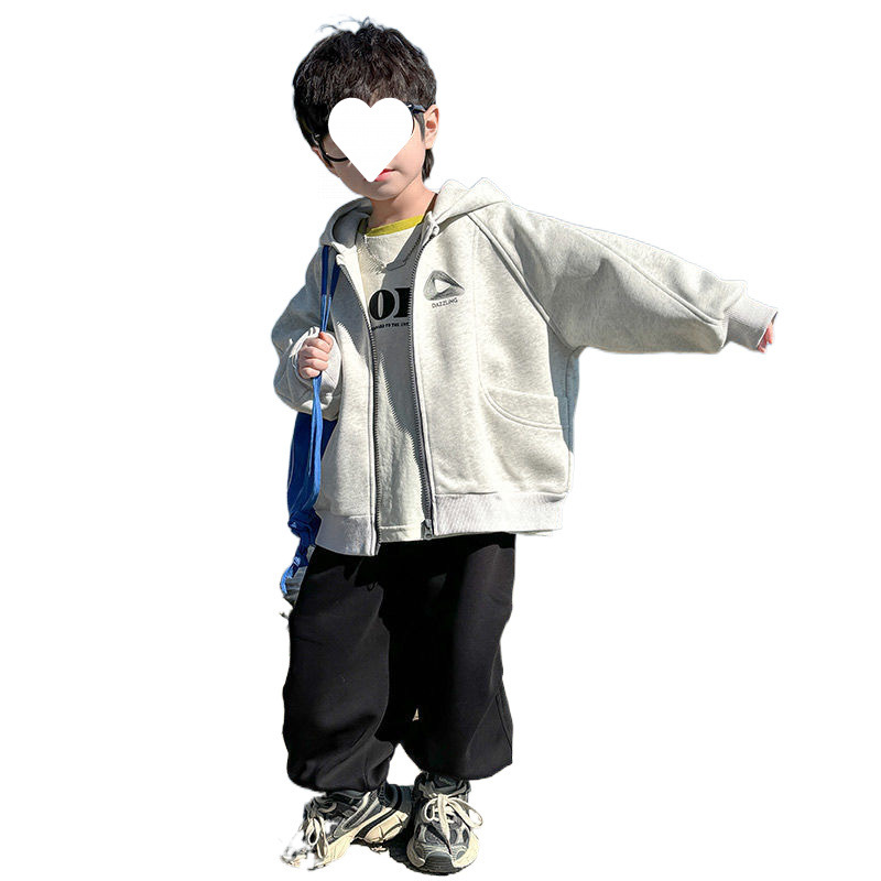 男童外套春装2024新款儿童春秋款连帽卫衣开衫休闲上衣男孩洋气潮白底实物图