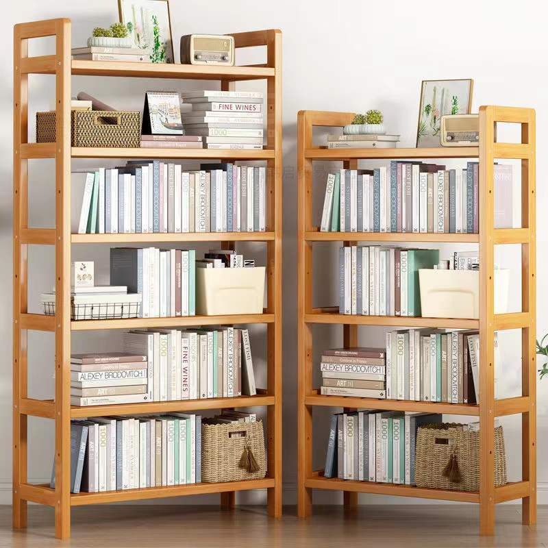 Bamboo simple bookshelf, floor-standing children's living room multi-layer storage rack, solid wood student storage and book cabinet on the desktop details Picture