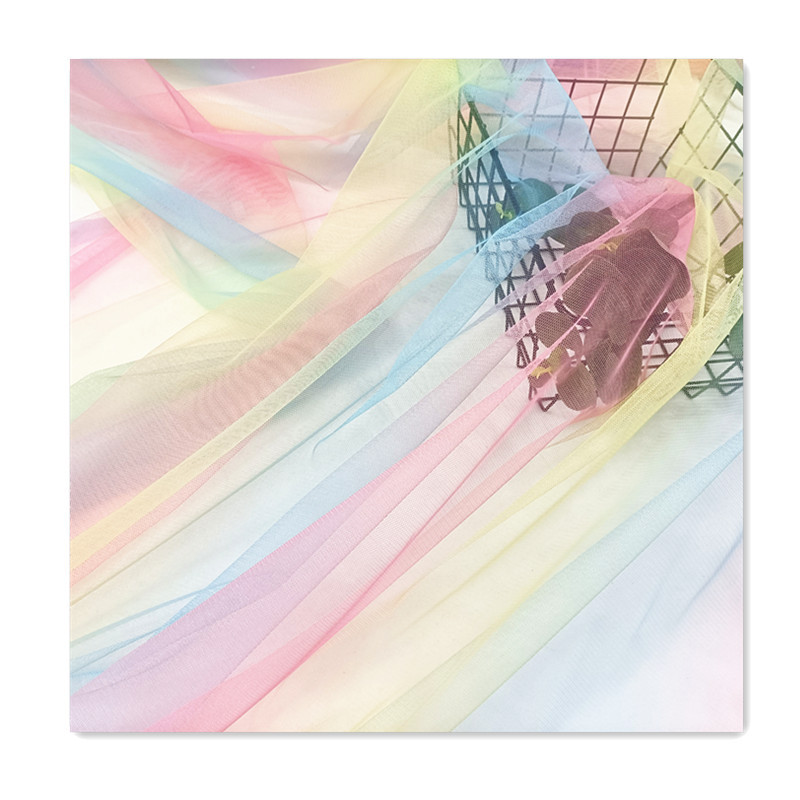 Gradient rainbow mesh printed fabric hexagonal mesh fabric for girls and children's dress, Frozen doll gauze headwear Item Picture