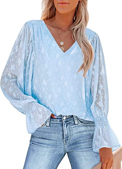 2022 Europe And The United States Amazon Women's Long Sleeve Shirt Lace Shirt Chiffon Shirt Pleated Trumpet Sleeve Top details Picture