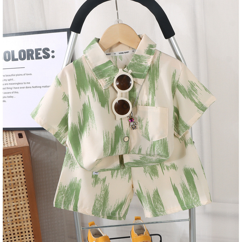 New children's shirt set for summer, short sleeves for boys, casual and trendy, thin style, Chinese style ink wash painting set for children details Picture