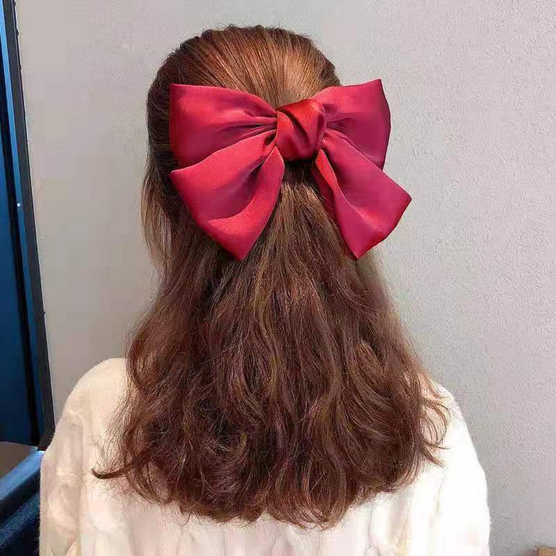 Korean version red bow hair clip, super large bow headpiece, internet-famous satin bow hair clip, spring clip, top clip details Picture