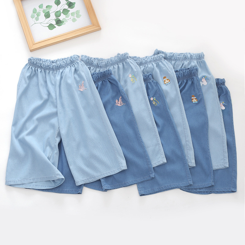 2022 Summer New Girls' full-print Tencel denim washed capri pants, wide-leg pants, children's girls' slung pants details Picture