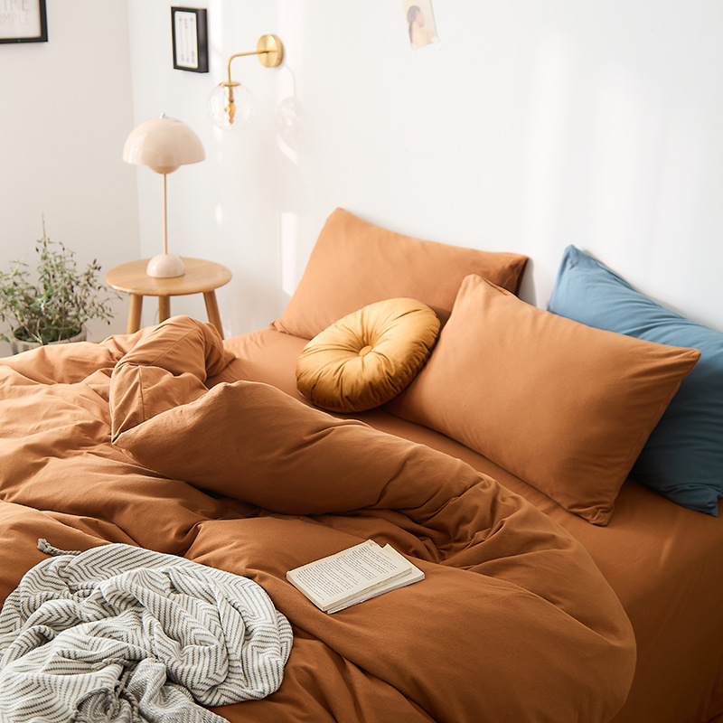 Class A Soft Knitted Cotton Four-Piece Bedding Set Double Combination Solid Color Pure Cotton Quilt Set Sheet India Cotton Bed Hat details Picture
