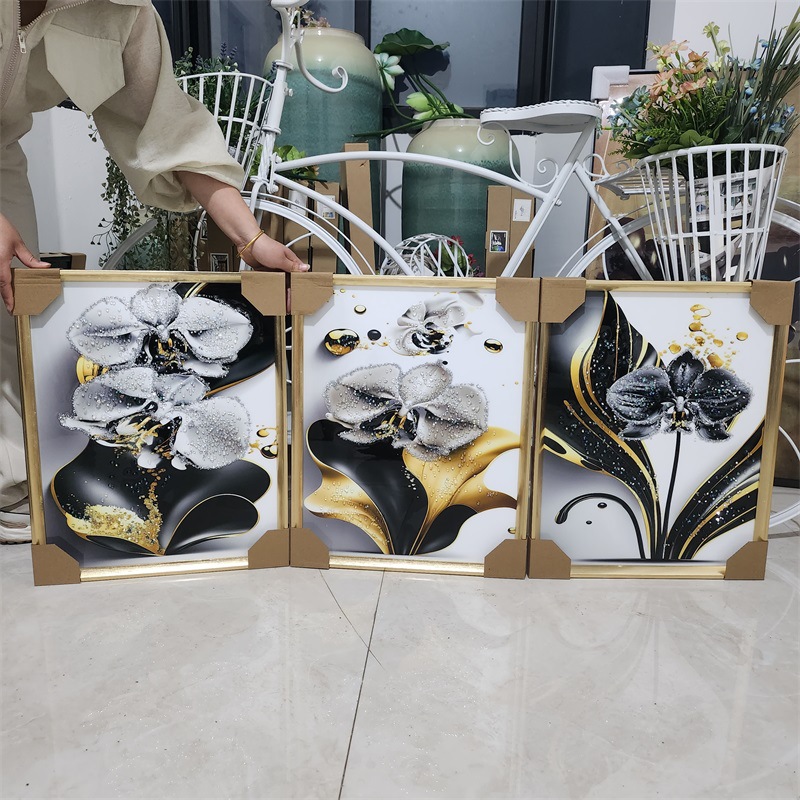 现代简约客厅三联画外贸专供美式花朵镶钻晶瓷画工装餐厅卧室挂画