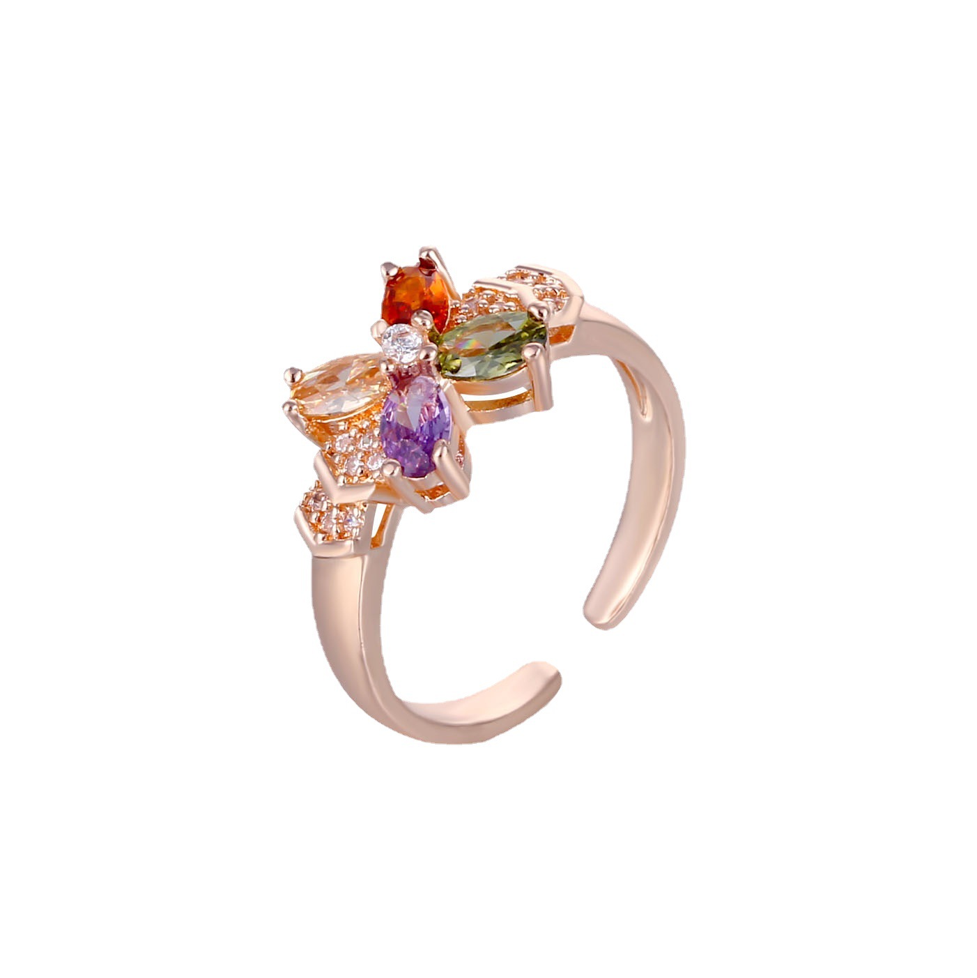 Kasi Jewelry's seven-color crystal zircon ring, Mona Lisa four-leaf clover open adjustable ring wholesale Item Picture
