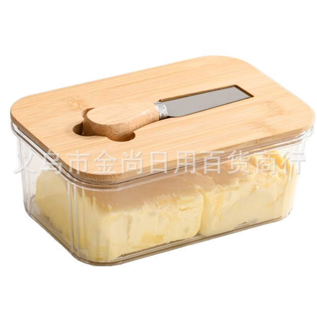 Western-style butter box PET+ bamboo and wood with lid spatula, rectangular household cheese preservation sealed jar, household cheese Item Picture
