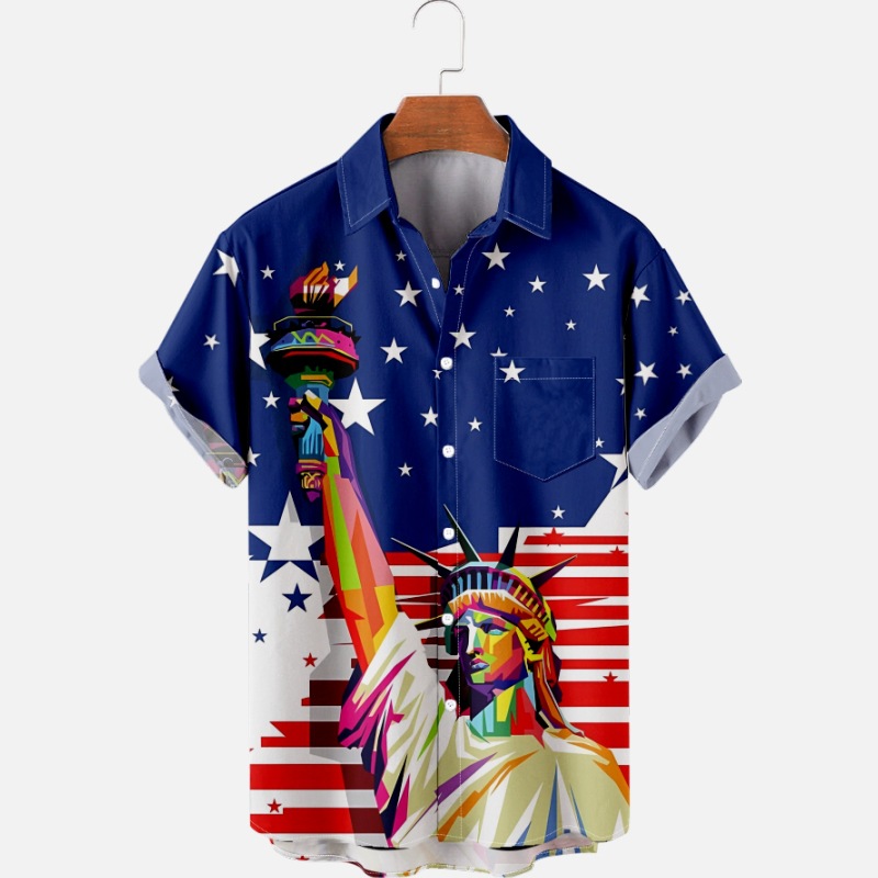 独立站新款跨境夏威夷独立日拼色印花短袖衬衫口袋宽松夏季男衬衣图