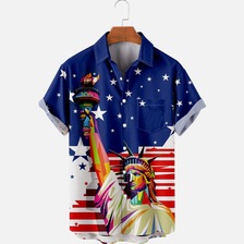 独立站新款跨境夏威夷独立日拼色印花短袖衬衫口袋宽松夏季男衬衣