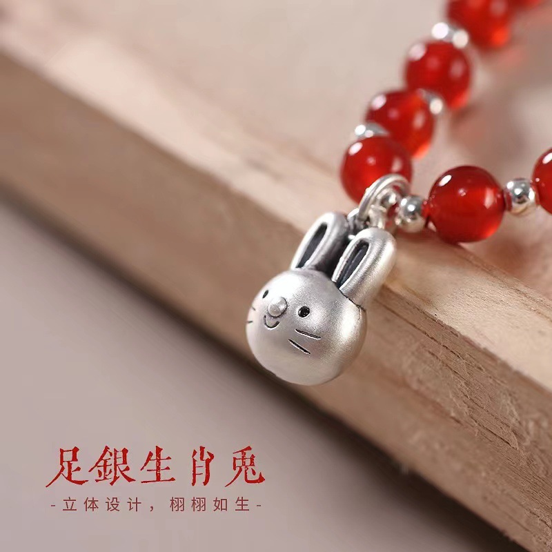 Silver Bracelet For Women 2023 New Red Agate 999 Foot Silver Zodiac Rabbit Bead Bracelet Gift Specification drawing