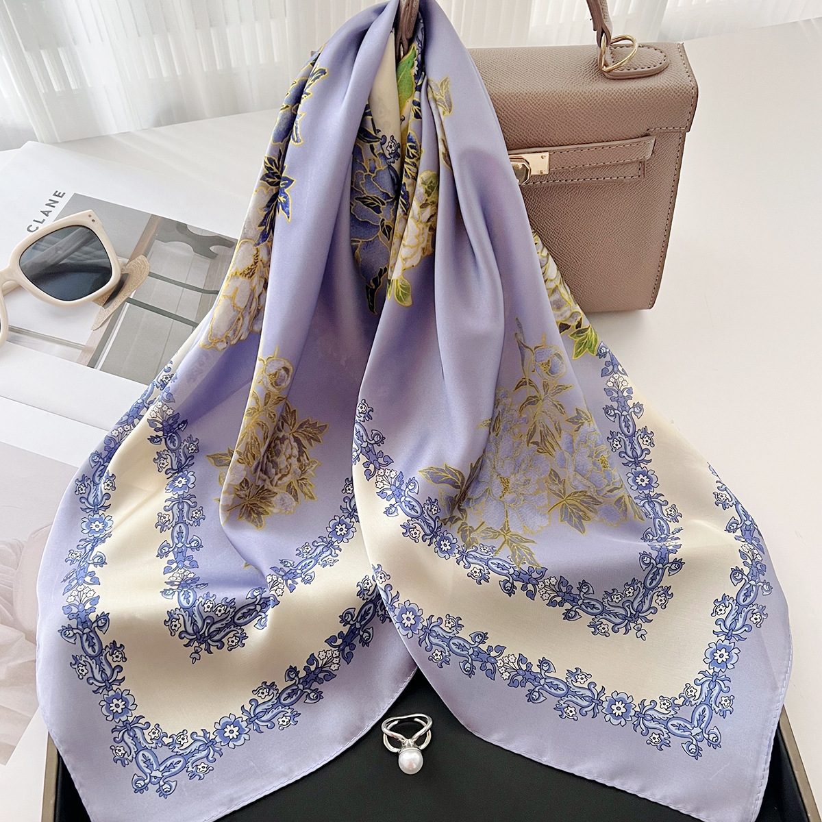 New spring and summer purple floral print silk scarves, women's autumn and winter warm shawls and scarves, fashionable professional decorative neckerchiefs Specification image