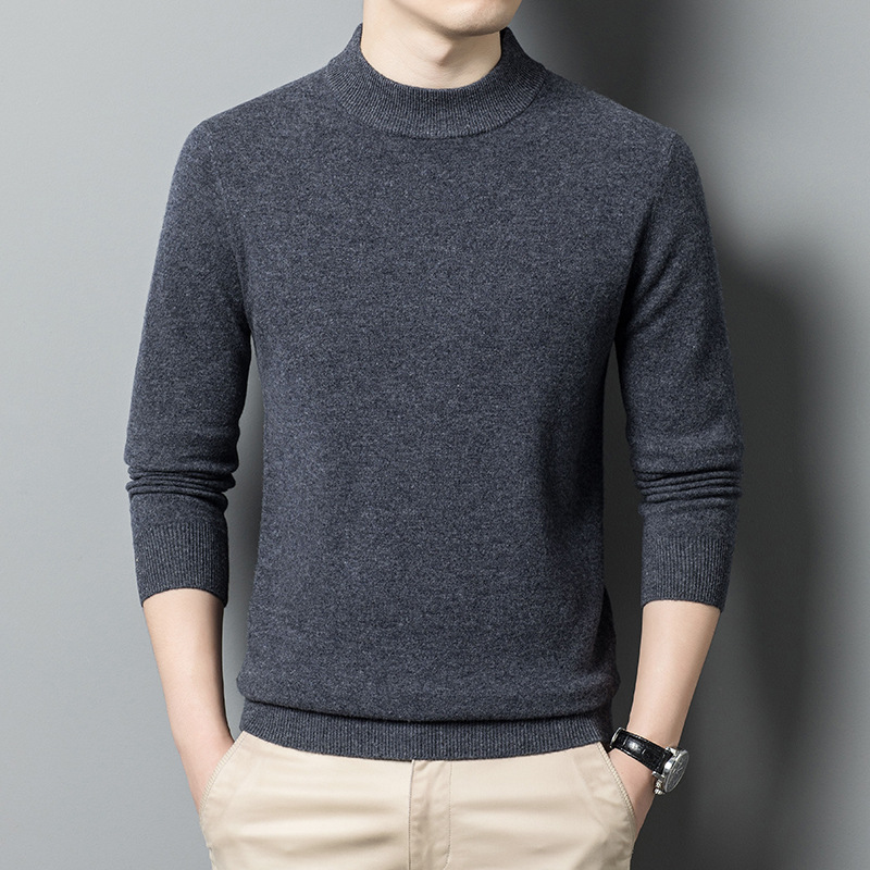 Wholesale of 100 pure wool sweaters for men, thickened and warm, semi-high neck solid color base knitted men's sweaters in Puyuan details Picture