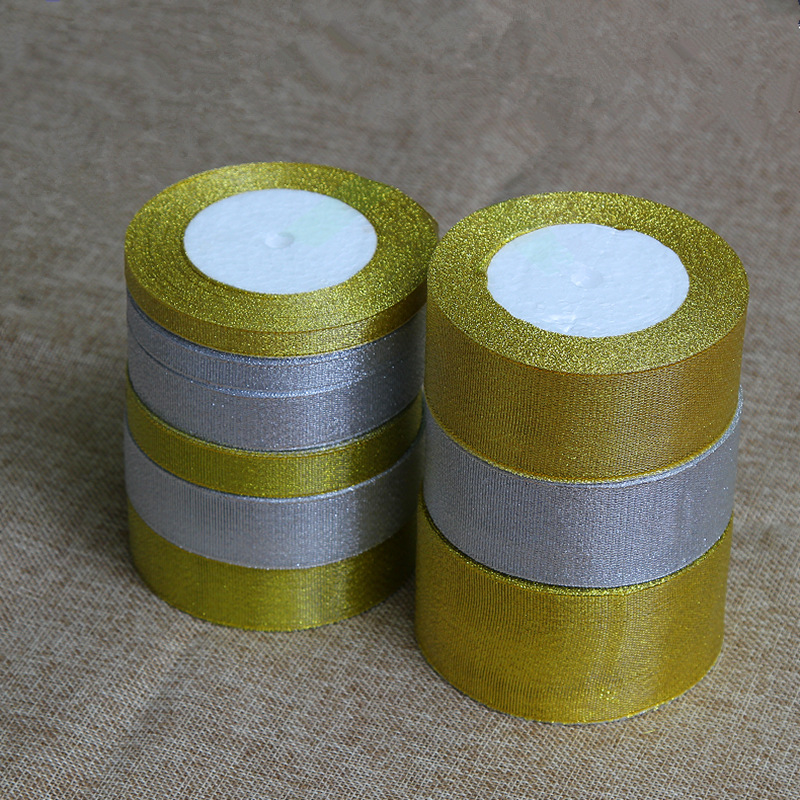 Gold and silver scallion ribbons, wedding decorations, gold and silver ribbons, baking ribbons, silk ribbons, Christmas gift boxes, gift packaging ribbons details Picture