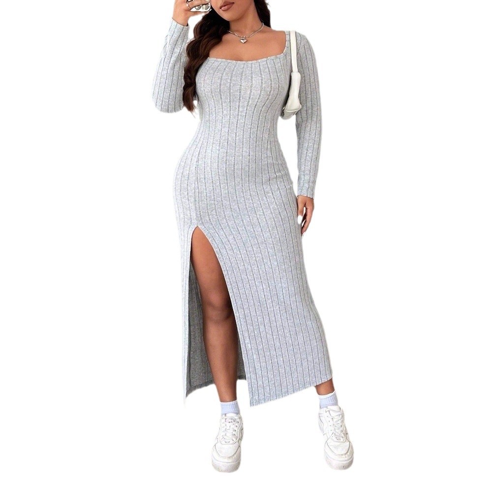 Aliexpress Foreign Trade 2024 Autumn/Winter new plate-size women's simple and casual dress, slim slit midlength dress Item Picture