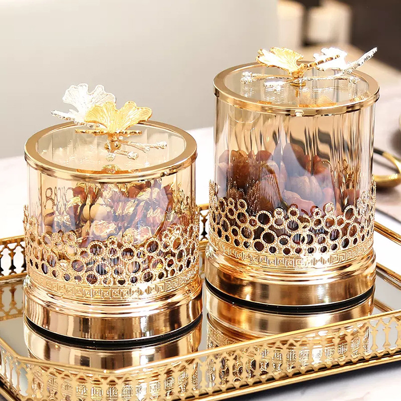 法国金糖果罐欧式轻奢高透玻璃装饰品桌面密封储物罐客厅创意摆件
