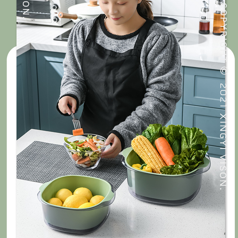 21*24*10 small double-layer household kitchen fruit and vegetable washing basket, rice and vegetable washing basin, fruit and vegetable washing basin, draining basket Specification image
