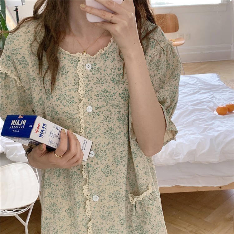 South Korea Ins Ladies Summer Korean Version Sweet Loose Comfortable Floral Nightdress Lace Pajamas Home Clothing Wholesale Woman Specification drawing
