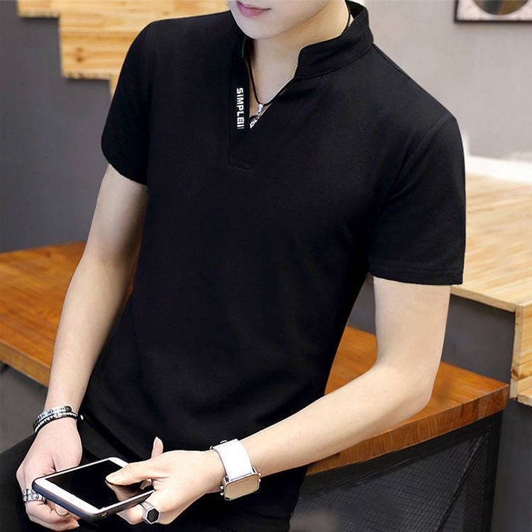 Summer men's V-neck short-sleeved T-shirt, ice-feel elastic base layer, solid color, simple and slim European and American style, small stand-up collar, versatile T-shirt Item Picture