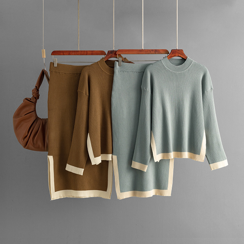 A new autumn cross-border knitted set for women, featuring a stylish two-piece outfit of a color-blocking round-neck top and a slit skirt details Picture